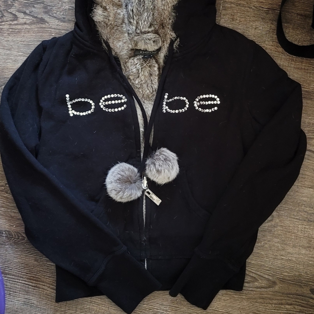 BEBE Black Bling Zip Up Fur Hoodie